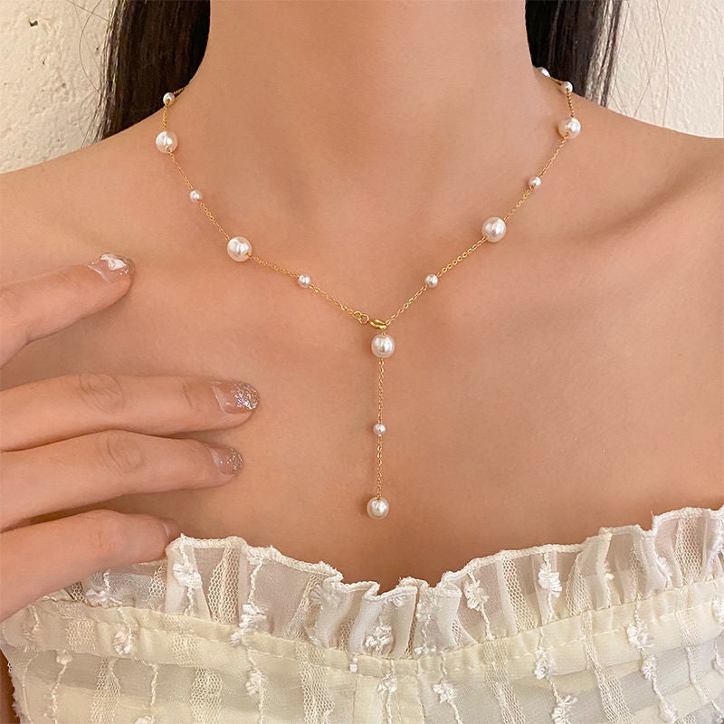 Elegant collarbone chain, small and fresh titanium steel, starry sky, pearl, simple tassel, versatile, personalized necklace for women