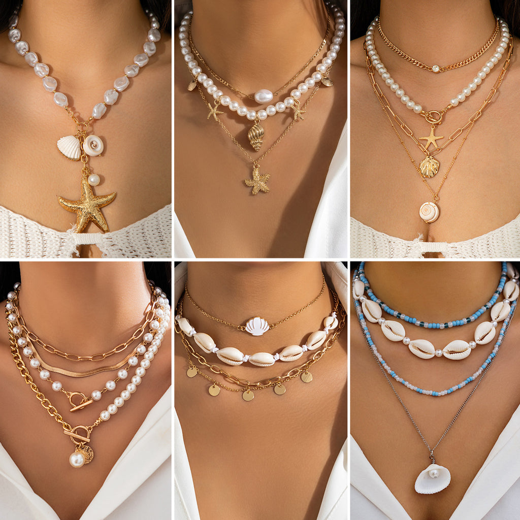 Beaded necklace, beach imitation pearl necklace, starfish shell, retro vacation necklace