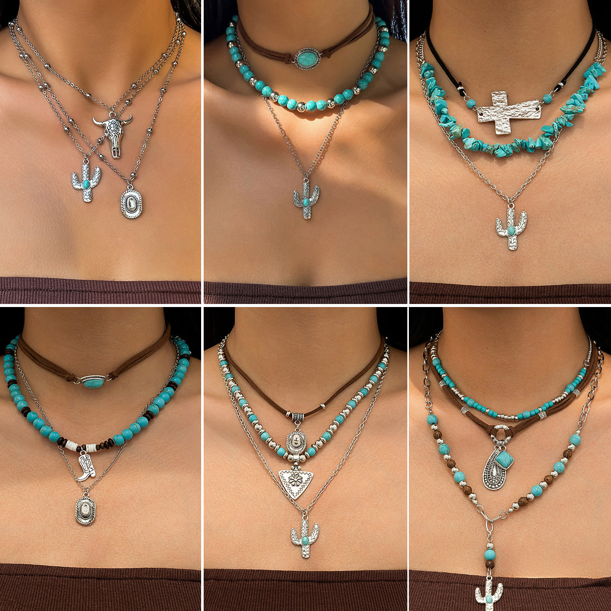 Vintage imitation turquoise collarbone chain niche bead necklace set ethnic style cactus necklace