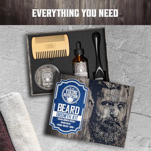 Beard Growth Kit - Oil, Balm, Serum, Derma Roller & Wooden Comb for Beard & Mustache Growth