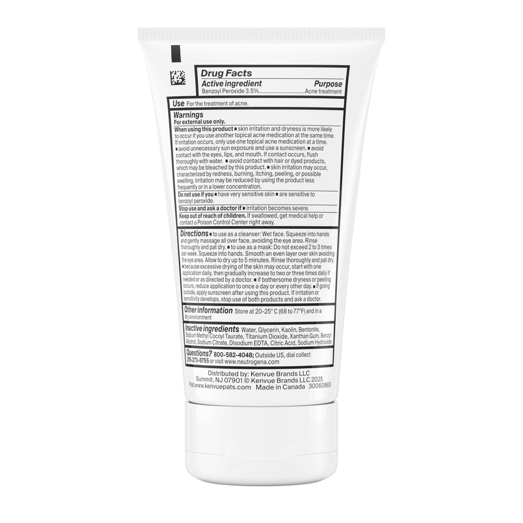 Neutrogena Evenly Clear Acne Cleansing Face Mask with 3.5% Benzoyl Peroxide Treats Breakouts & Bentonite Clay, Purifying Clay Mask Absorbs Oil to Visibly Improve the look of Skin, 4.2 fl. oz