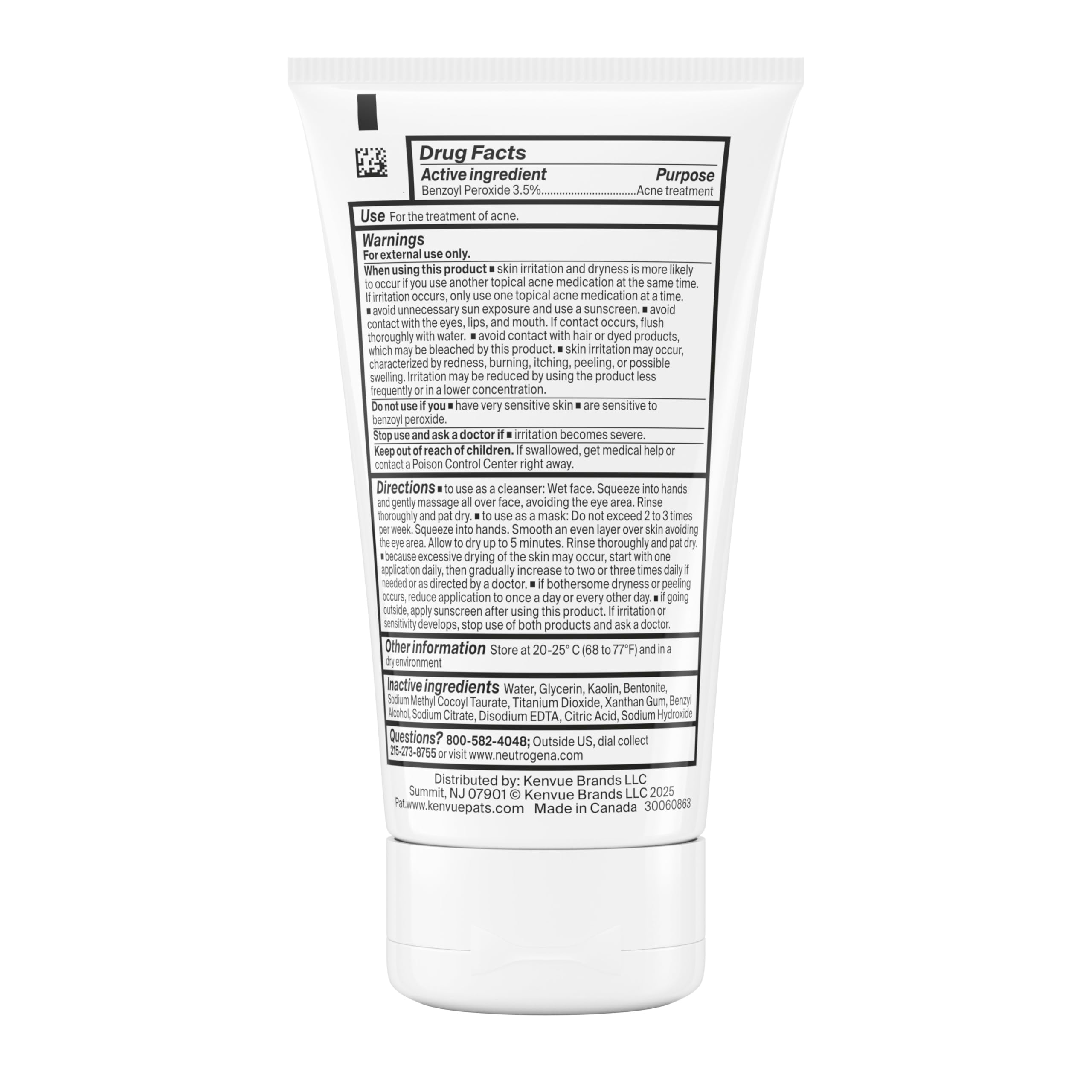 Neutrogena Evenly Clear Acne Cleansing Face Mask with 3.5% Benzoyl Peroxide Treats Breakouts & Bentonite Clay, Purifying Clay Mask Absorbs Oil to Visibly Improve the look of Skin, 4.2 fl. oz