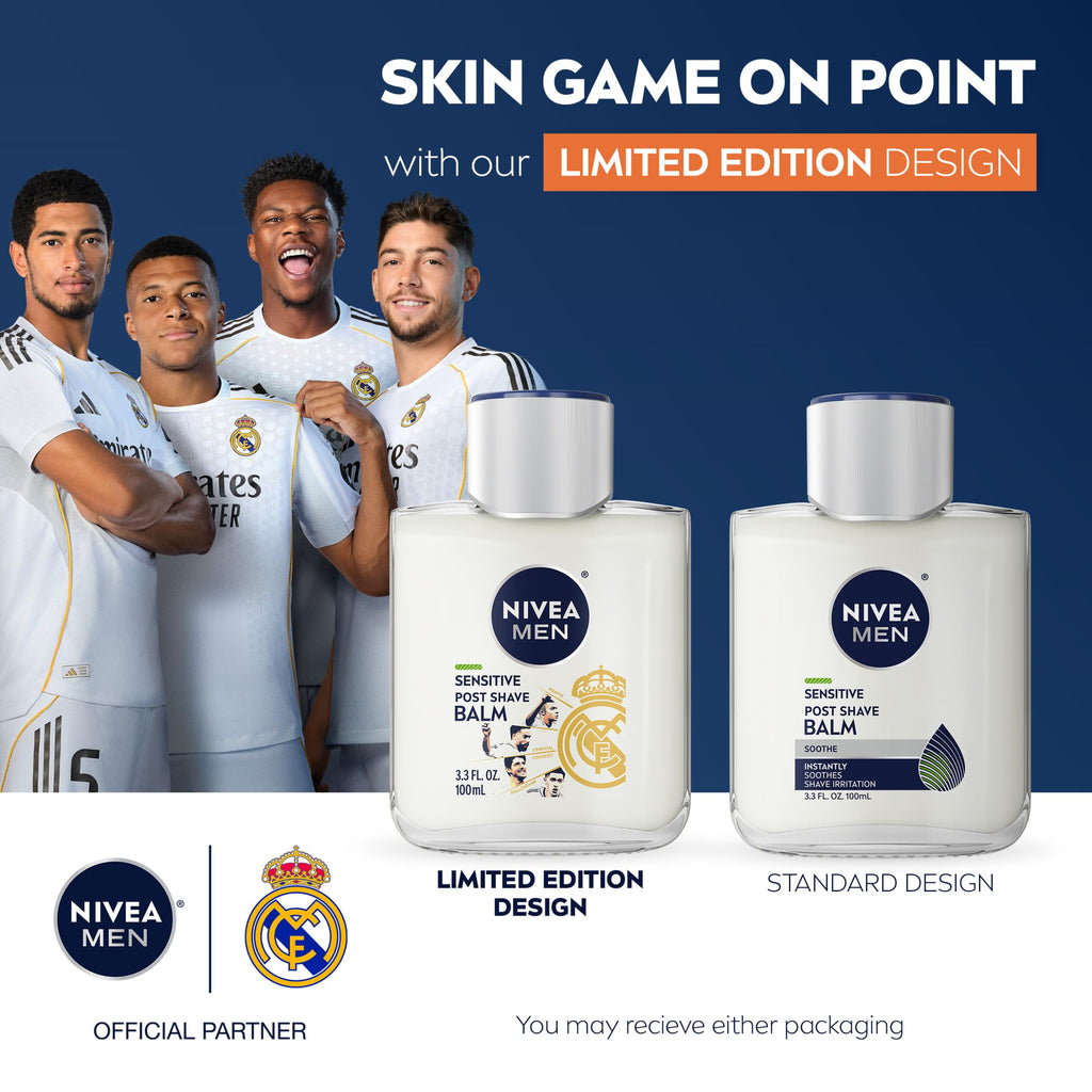 NIVEA MEN Real Madrid Limited Edition Design Sensitive Post Shave Balm, with VitaminPro Complex, Alcohol Free After Shave Balm for Men, 3.3 Fl Oz Bottle