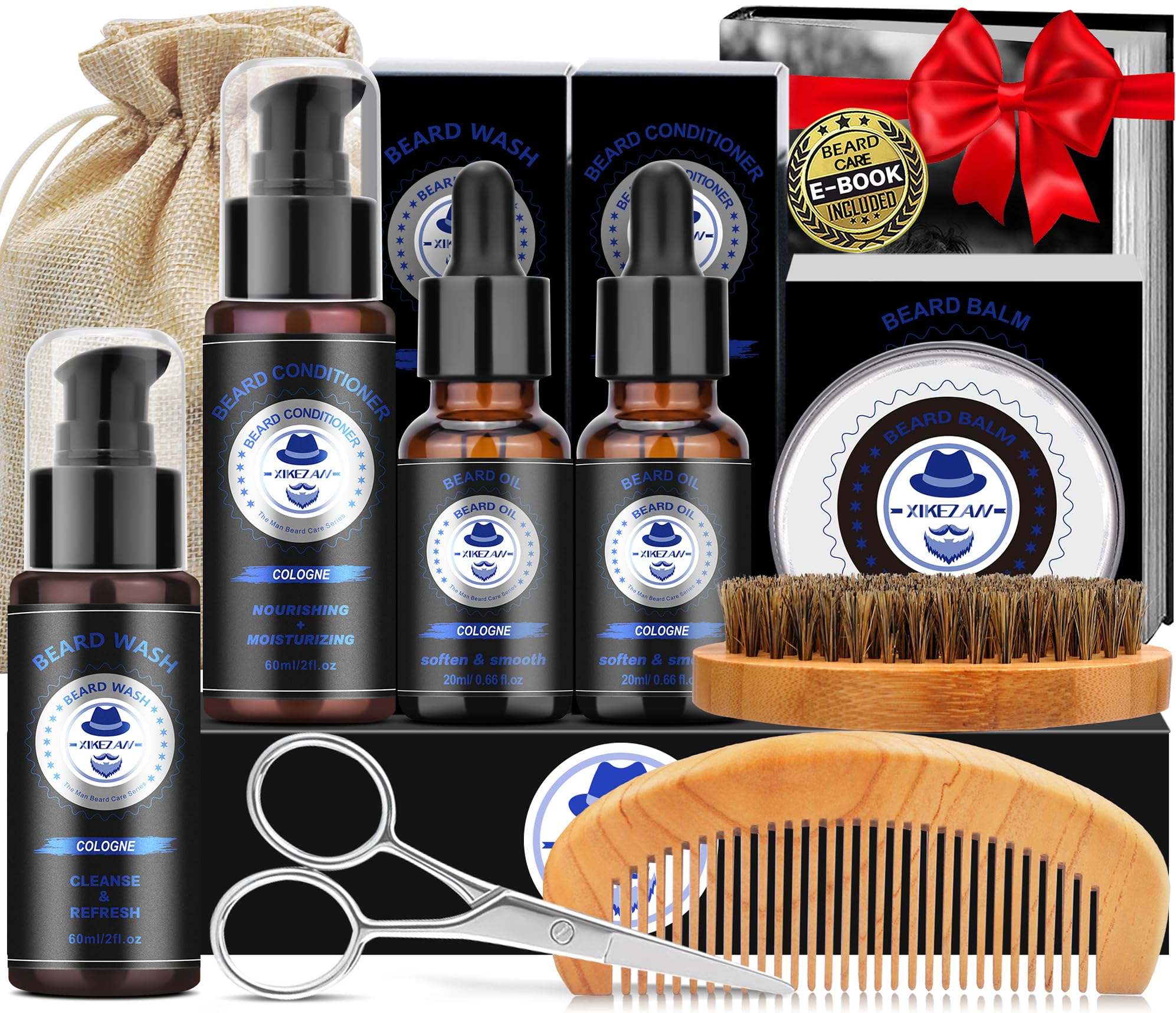 XIKEZAN Beard Kit for Men Grooming & Care w/Beard Conditioner, Wash, Oil, Balm, Brush, Comb,Birthday Fathers Valentines Gifts for Men Him Dad Husband Boyfriend Mens