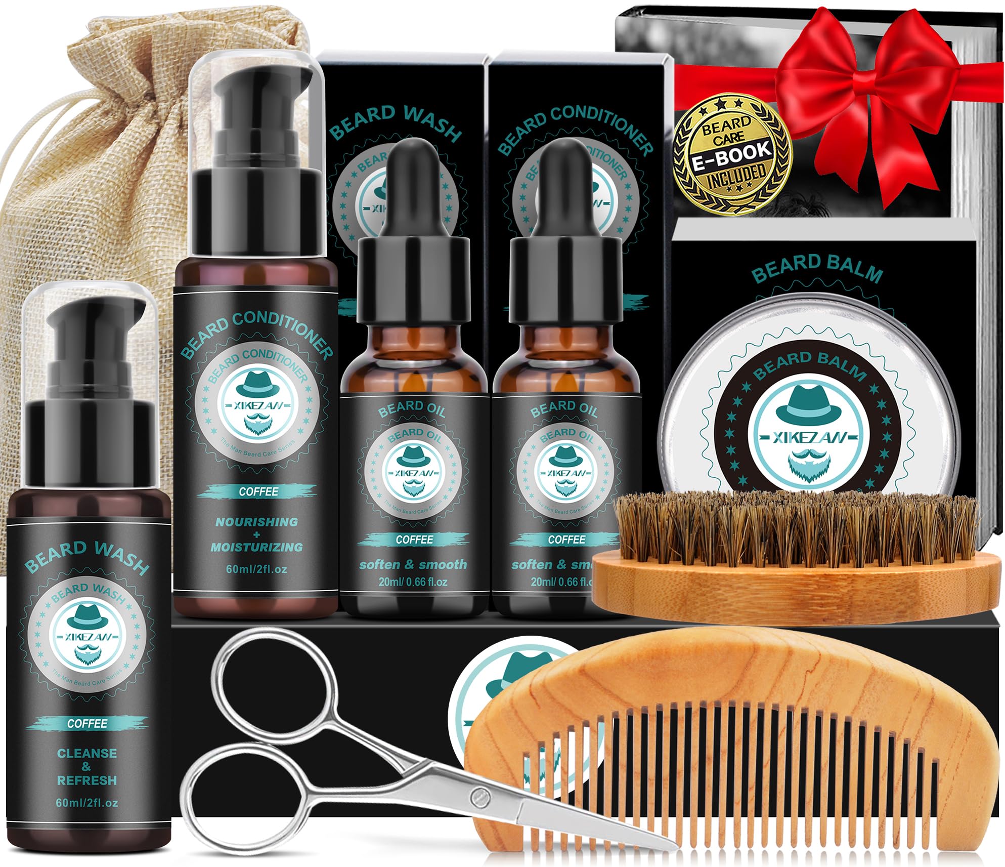 XIKEZAN Beard Kit for Men Grooming & Care w/Beard Conditioner, Wash, Oil, Balm, Brush, Comb,Birthday Fathers Valentines Gifts for Men Him Dad Husband Boyfriend Mens