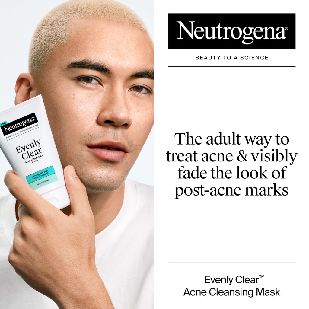 Neutrogena Evenly Clear Acne Cleansing Face Mask with 3.5% Benzoyl Peroxide Treats Breakouts & Bentonite Clay, Purifying Clay Mask Absorbs Oil to Visibly Improve the look of Skin, 4.2 fl. oz