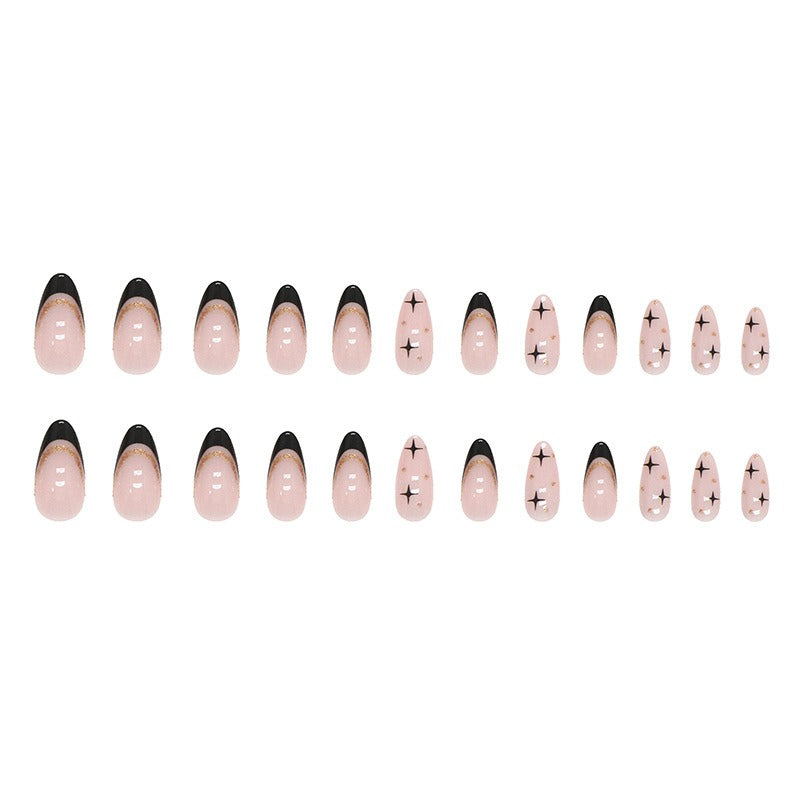 Ongles en amande noirs doux et tendance avec poudre dorée française, faux ongles européens et américains amovibles