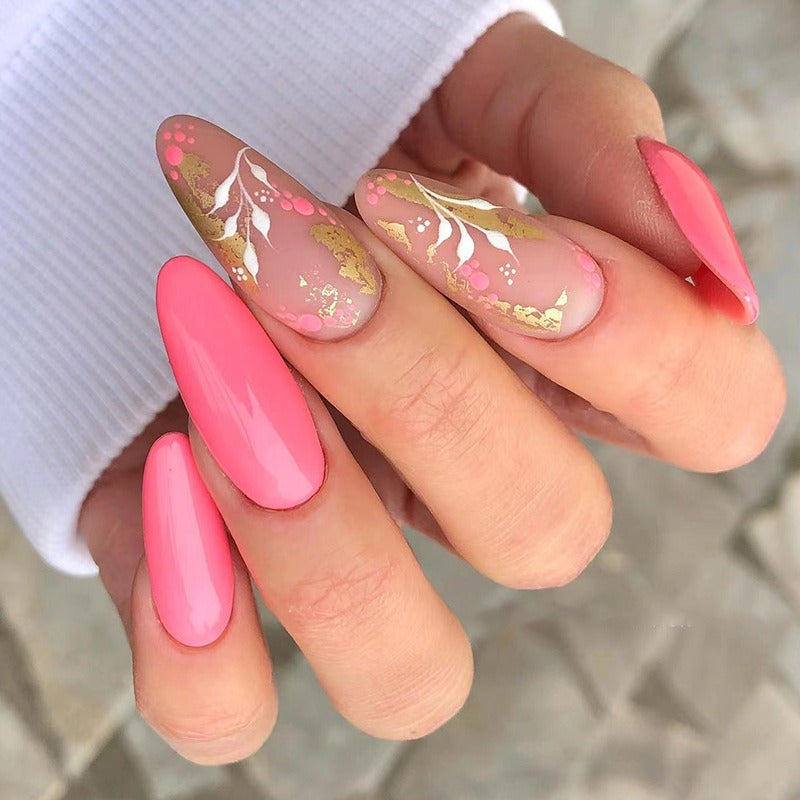 Manucure Ongles Portables Ongles Roses Point d'Encre Feuille d'Or Stickers Ongles Fleurs Blanches Stickers Ongles Amovibles