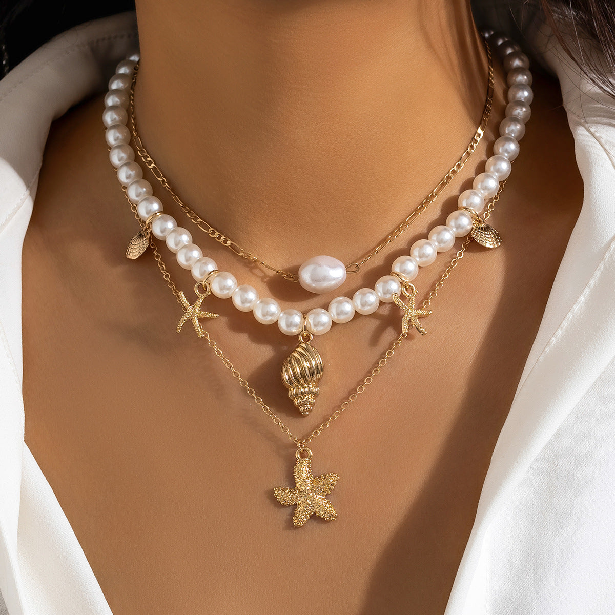 Beaded necklace, beach imitation pearl necklace, starfish shell, retro vacation necklace