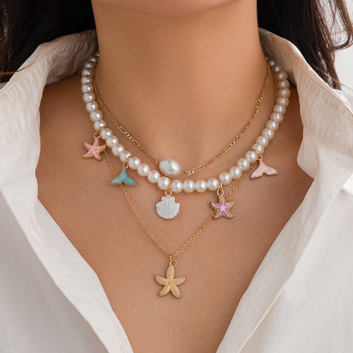 Beaded shell ocean style retro necklace, crushed stone Baroque imitation pearl necklace