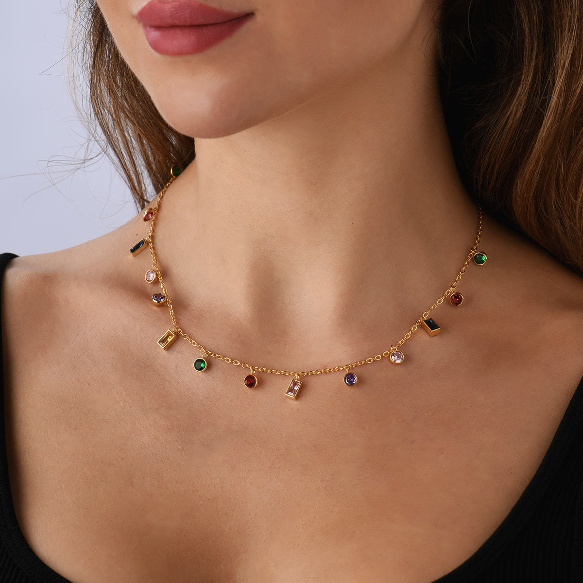Colorful zircon necklace with geometric circular design, niche necklace