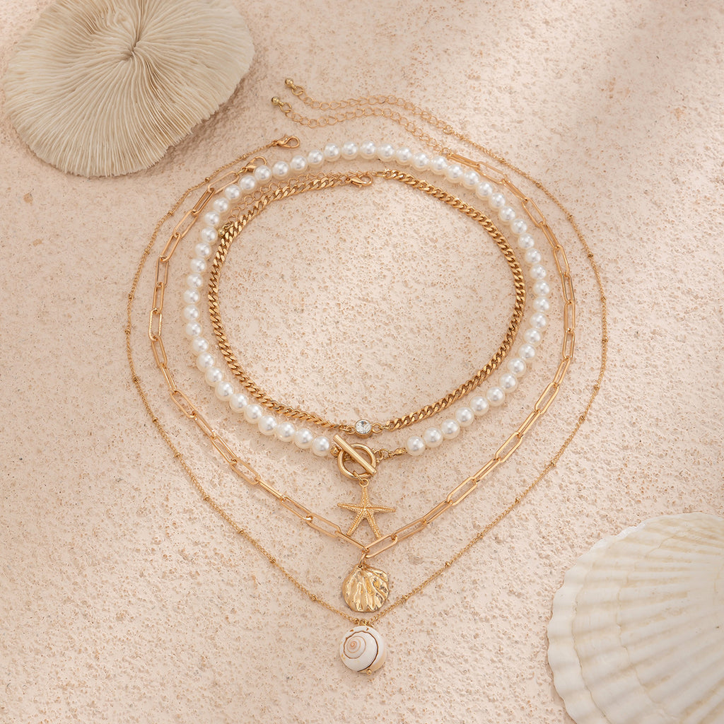 Beaded necklace, beach imitation pearl necklace, starfish shell, retro vacation necklace