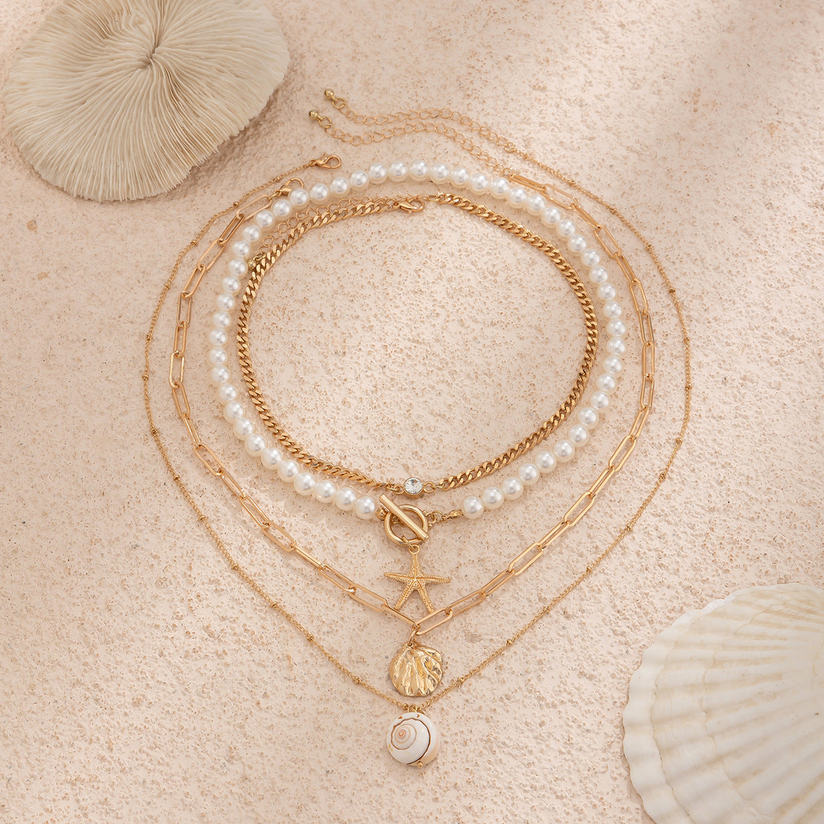 Beaded necklace, beach imitation pearl necklace, starfish shell, retro vacation necklace