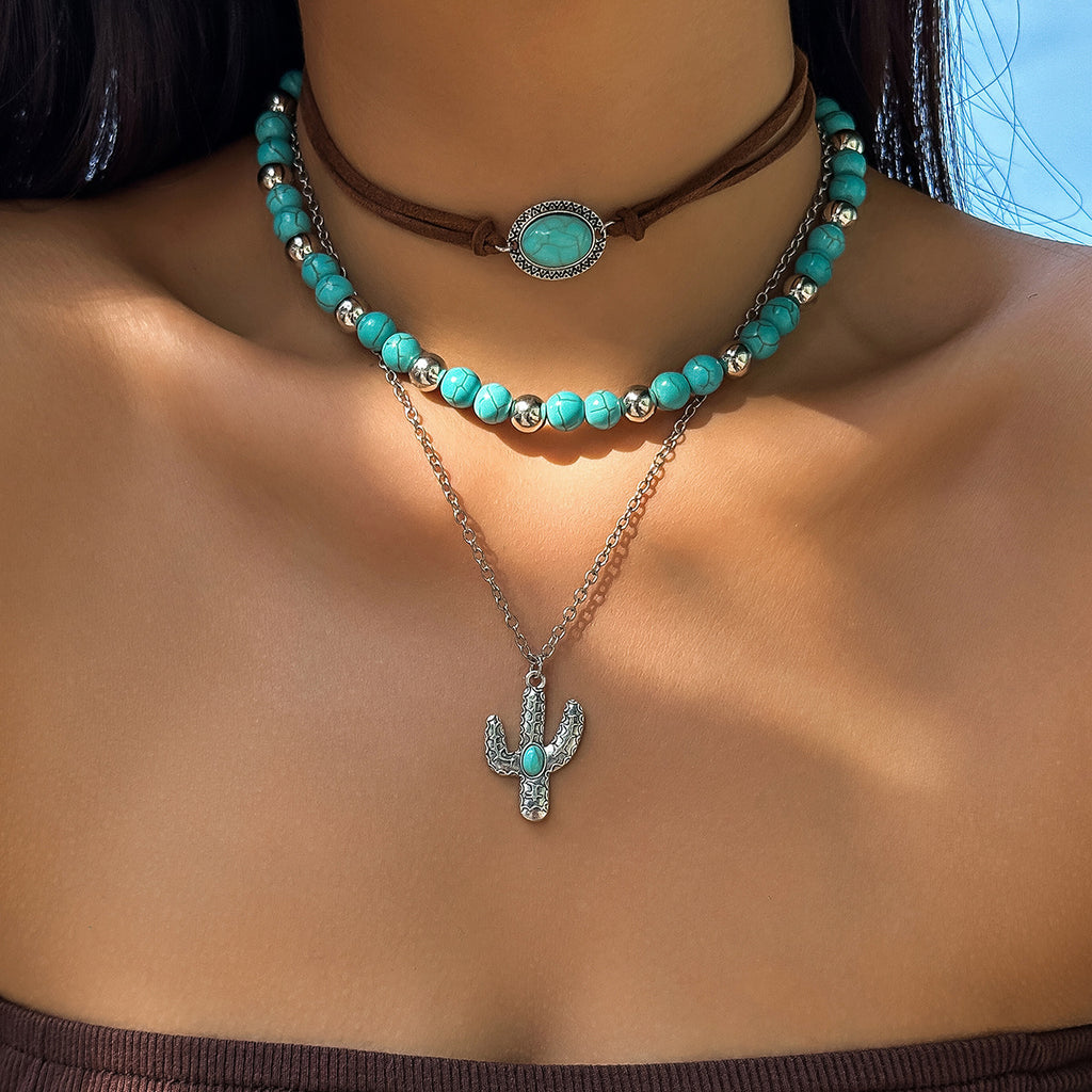Collier de perles ras du cou fantaisie imitation turquoise, style ethnique, motif cactus